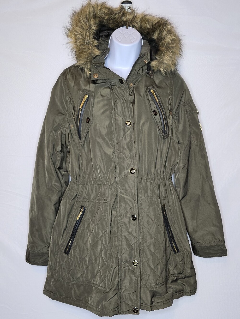 Rocawear Classic Women’s Large Anorak Parka Jacket Olive Green Faux Fur Hood